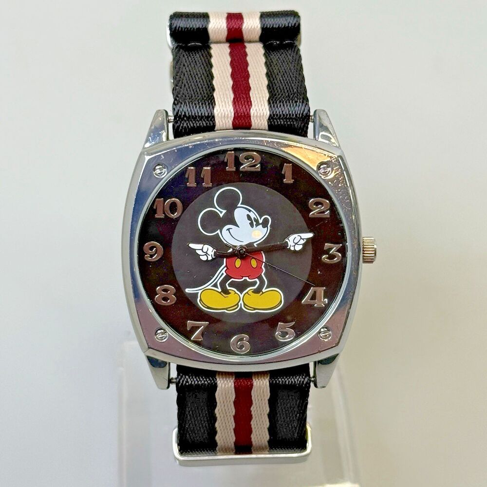 Mickey Mouse 40mm Disney Parks Black Dial Square Case Rotating Arms Watch EUC